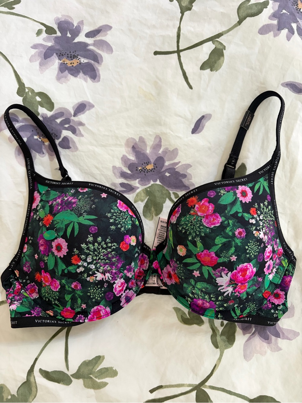 Victoria's Secret Black Floral Underwire Bra with Pink & Green Print